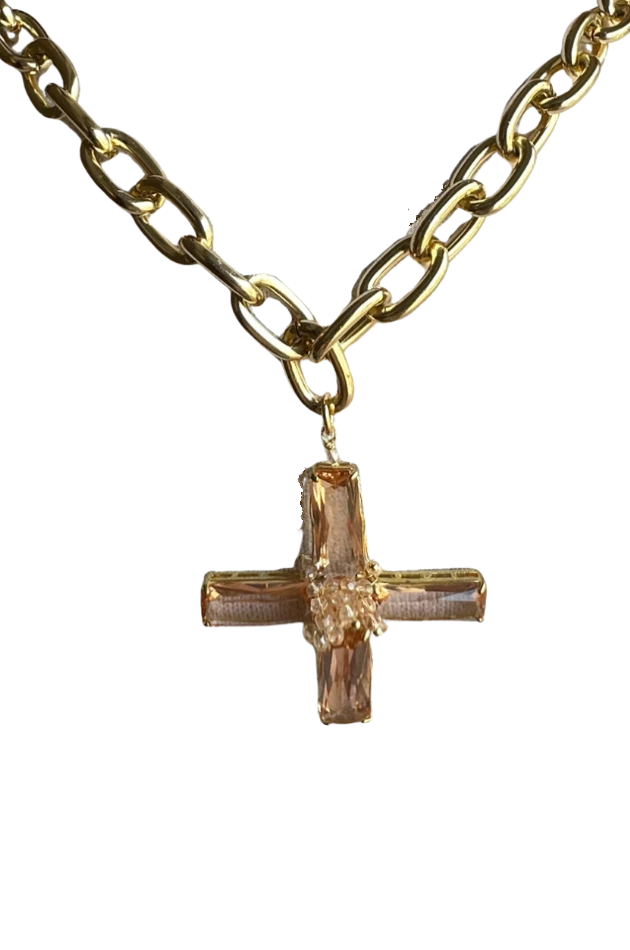 Collana con croce in cristalli rossi e cordino in velluto nero